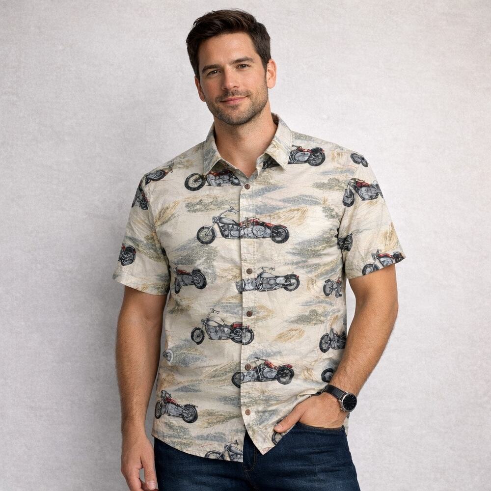 Bluff Creek Men’s XL Button Down Shirt Motorcycles All Over Biker Shorts Sleeve